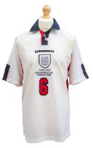 England: An England, World Cup 1998 France, match issued white shirt. Issued to Gareth Southgate for