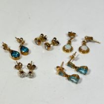 4 pairs of 9ct gold earrings and one pair of 14ct earrings, total weight approx 8grams.