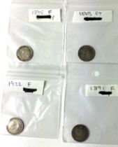 A selection of silver Threepences in F (Fine) condition