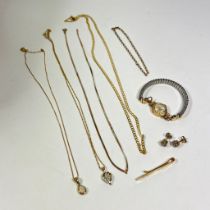 A collection of four 9ct gold necklaces, a 9ct gold bracelet a 9ct tie bar approximately 15 grams. A