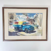 An original airbrush watercolour high lighted 1950's dockland scene with a loaded Austin Loadstar