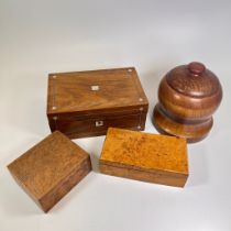 A collection of 3 wooden trinket boxes and a lidded barrel - approx 17cm tall.