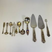 A 925 silver and enamel Thune Spoons approx 15cm long and 10 other pieces of flatware including a