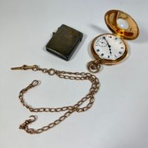 9ct gold half hunter pocket watch with 9ct stamped double Albert chain.