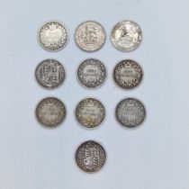 A selection of 10 English Shillings in F (Fine) condition