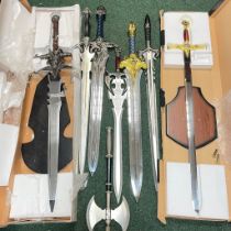 Collection of 8 World of Warcraft & other replica swords & an axe including Frostmourne, Masonic