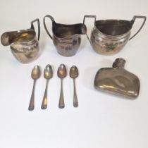 A collection of silver including 2 x stirling silver milk jugs, circa 234 grams, 1 x engraved