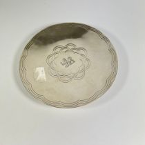 A Hukin and Heath Silver Footed dish, Birmingham 1936 with Heraldic ensign. Approx 18cm diameter.