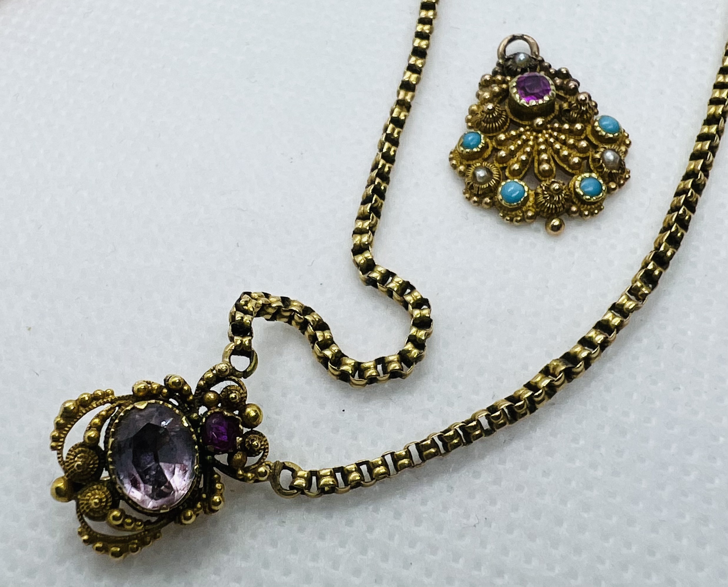 A collection of gem set jewellery. Featuring a yellow metal necklace, featuring bead and wire work - Image 2 of 8