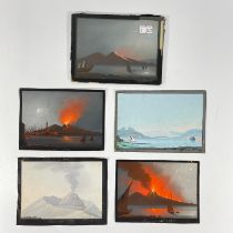 Set of 5 miniature watercolour paintings, one mounted in glass