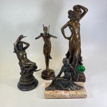 A plaster bronzed figure of a lady - approx 42cm tall. And other bronze figures.