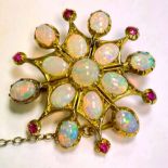 Opal and ruby clustered brooch / pendant: 13 opals with 6 small rubies around outside.