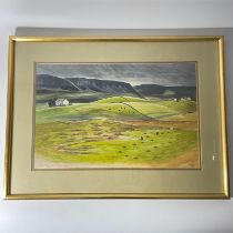 An Isabel Alexander (1910-1996) watercolour. Cottages in a landscape in a gilt frame. Frame Size
