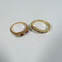 Two 18ct yellow gold rings, a diamond and ruby five stone ring size K and a 10 stone diamond and
