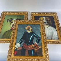 3 oil on canvas portraits dressed in 18th century and 19th century figures in gilt frames. Frame