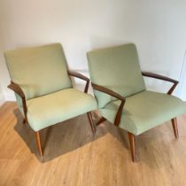 Pair Of Mid Century Teak Framed Armchairs, Unsigned. For display only.