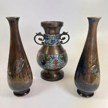 An Oriental dragon handle bronze enamel vase - approx 24cm tall. And a pair of good Japanese