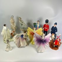 Collection of 11 Royal Doulton figurines: Queen Elizabeth The Queen Mother HN3230, Celeste HN3322,
