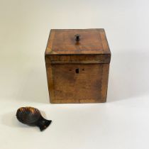 A Georgian square form mahogany tea caddy - approx 11cm tall with a tortoiseshell caddy spoon (spoon