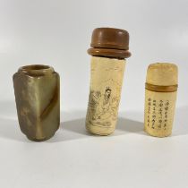 Two carved bone Chinese cricket boxes and a soapstone vase pot. Largest box approx 14cm.