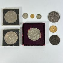 An 1896 gold sovereign and a USA 1841 gold dollar Plus an 1887 double florin and other coins