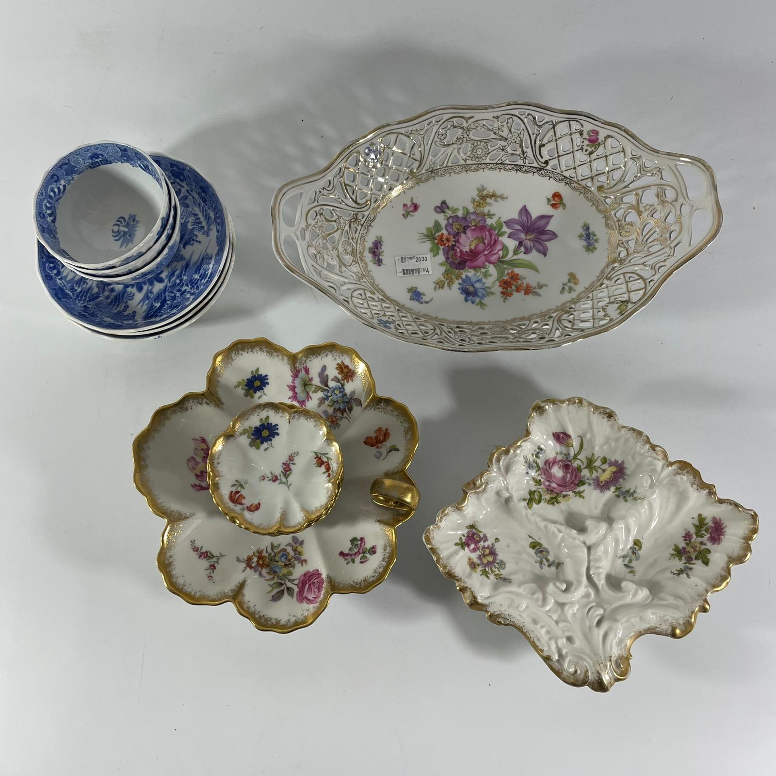 2 Limoge dishes (one chipped), 8 side dishes and a Dresden style pierced dish and 3 spode tea
