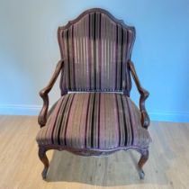 French Louis style large open armchair / throne chair. Cabriole legs horsehair cushion filling and