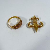 14ct fleurdelis brooch, circa 3grams + yellow gold ring 9ct circa 2.1grams, size U.