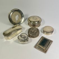 A good collection of 6 silver and 800 silver dressing table items, 4 pots, a mirror and a pin