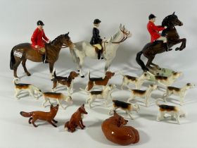 A good Beswick Hunting Group lady on grey horse, huntsman, rearing and huntsman, 9 hounds and