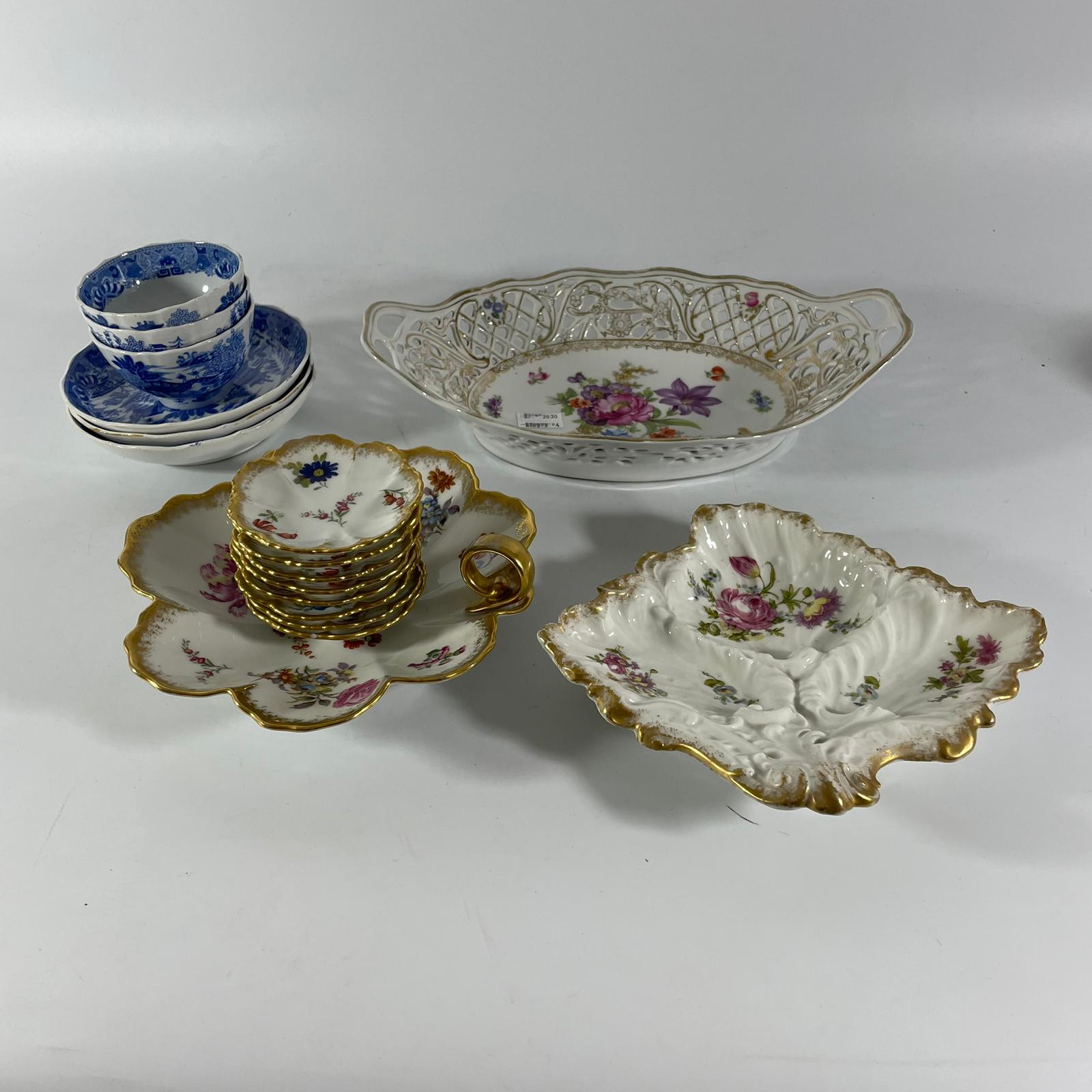 2 Limoge dishes (one chipped), 8 side dishes and a Dresden style pierced dish and 3 spode tea - Image 14 of 14