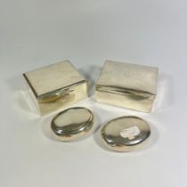 Two silver tobacco boxes and two silver desk boxes, largest approx 11cm wide. Weighable silver