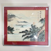 A Chinese watercolour with seal mark in an aluminium frame. Frame size approx 54 x 47cm.