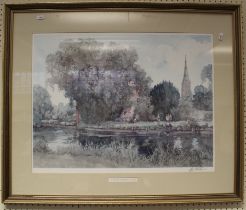 After E Sturgeon, a pencil signed print, ' By the River Salisbury', 46 x 62cm