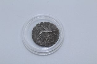Silver Roman Republican Denarius Serratus. The coin was struck by L Papius at Rome in 79BC