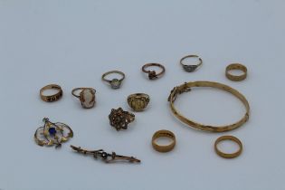 A collection of gold and yellow metal jewellery, much as found. Comprising two 22ct gold rings,