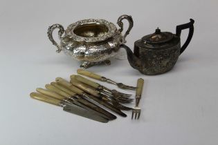 A Victorian silver plated Batchelor's teapot, a white metal twin handled lobed sugar basin and a set