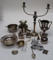 A mixed lot of 19th century and later silver plate, including a Harrow School racquets trophy cup,