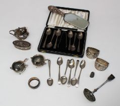 A matched set of six George III silver bright cut teaspoons, a cased set of six teaspoons and