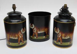 A pair of Woolpit Interiors tole-type table lamps of cylindrical form, each decorated with a