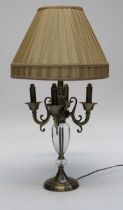 A contemporary brass and glass table lamp with plaited silk shade, 74cm