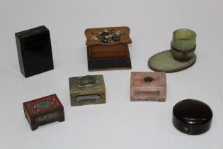 A group of small collectors items including jade match box cages, French boxwood vesta,