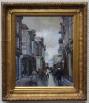 20th century Continental School, figures on a busy street with shop frontages. Oil on canvas, 60 x