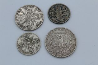 1889 Queen Victoria double florin 1900 Morgan USA dollar plus 1918 George V Florin and 1936 George V