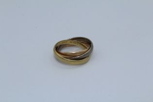 A 1970's 18 ct gold ' Russian' three band wedding ring. Gross weight 8gm, size N