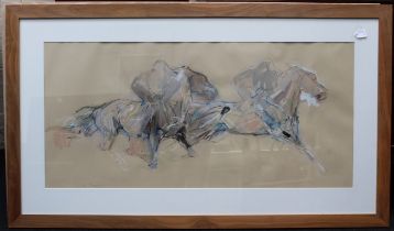 Jo Taylor ( British b. 1969) Study of two racehorses at full gallop, mixed media signed lower