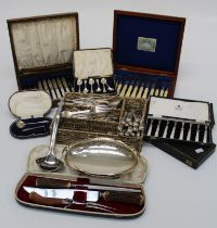 Garrard, two cased sets of eight stainless steel, mother of pearl handled h'ors 'oeuvres forks, a