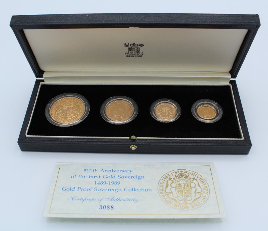 The Royal Mint. The 1989 United Kingdom gold proof sovereign four coin collection commemorating