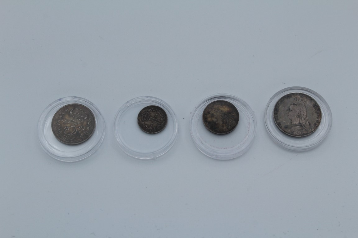 1891 Set Four Maundy money, Queen Victoria Jubilee Head, UNC 1856 Maundy Silver Two pence Queen