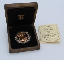 The Royal Mint. The 1988 United Kingdom Five Pound Brilliant Uncirculated Gold Coin. Issue number